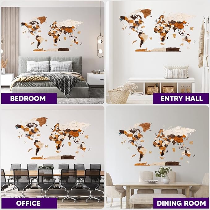 HYPERI Multilayered 3D Wooden World Map Wall Decor, Wood Art Wall Decor, Mapa Mundi Para Pared, World Maps and Push Pins, Christmas, Valentine's Day Gifts For Dad, Mom, Boss, Husband, Wife (Large)