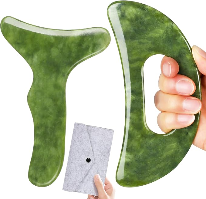 2 in 1 Jade Stone Gua Sha Massage Tool, Large Guasha Muscle Scraper Tools Set with Handle Muscle Scraping Massage Tools Anti Cellulite Spa Acupuncture Tools for Back Neck Leg Lymphatic Drainage