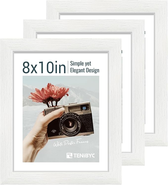 8x10 Picture Frame Set - 3 Pack, Textured White Solid Wood, HD Tempered Glass, Gallery Photo Frame, Table or Wall Display