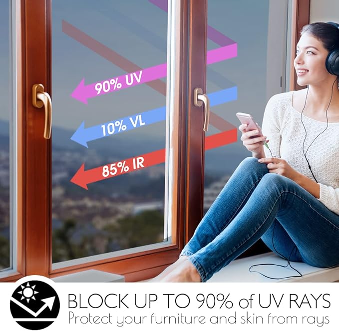 HIDBEA One Way Privacy Window Film, Daytime Mirror Reflective Heat Control UV Sun Blocking Non-Adhesive Static Cling Window Tint for Home and Office(Black-Silver, 41.3 Inch x 13.1 Feet)