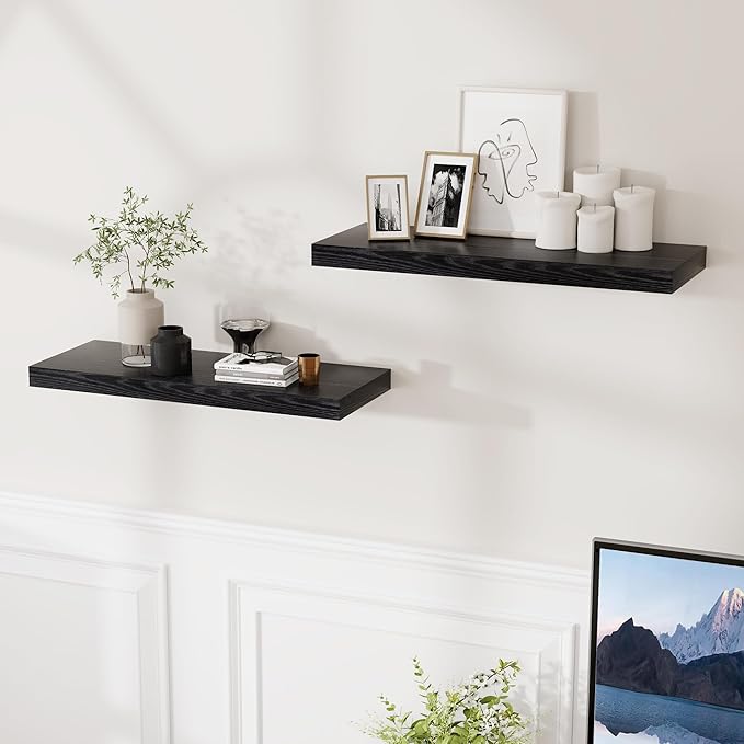 24 Inch Floating Shelves, Rustic 24 x 9 Black Floating Shelf for Wall, Black Bathroom Shelf Set of 2, Farmhouse Wood Wall Shelves for Bedroom, Kitchen, 9 Inch Deep Shelves for Home Storage