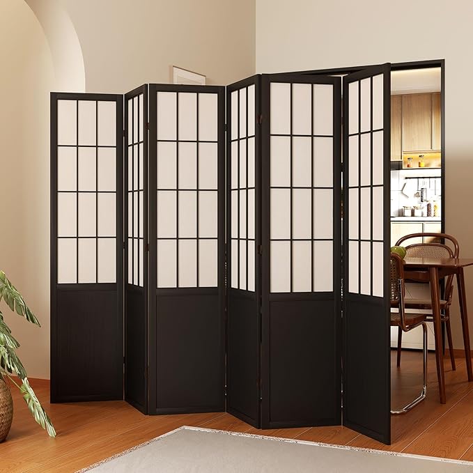 Room Divider, 66.9Inch Tall Japanese Shoji Style Folding Wood Screen with Double Hinges for Home Office Bedroom Hotel Decoration (6Panels, Black)