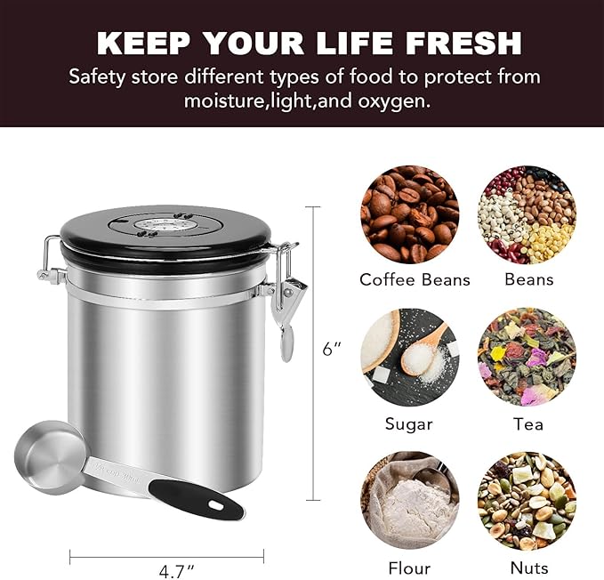 ShanSon Coffee Canister Airtight Coffee Container Stainless Steel Coffee Bean Storage Container with Scoop Coffee Canister for Beans Grounds Sugar Flour Tea Cereal,16OZ,Silver