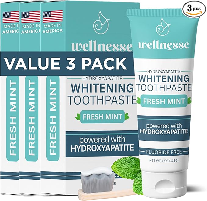 Wellnesse Whitening Hydroxyapatite Toothpaste with Xylitol, Natural Fluoride-Free Teeth Whitening Toothpaste for Adults, Strengthens Enamel, Supports Gum Health, Fresh Mint Flavor, 4 oz (Pack of 3)