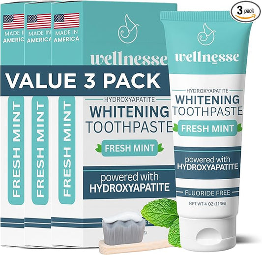 Wellnesse Whitening Hydroxyapatite Toothpaste with Xylitol, Natural Fluoride-Free Teeth Whitening Toothpaste for Adults, Strengthens Enamel, Supports Gum Health, Fresh Mint Flavor, 4 oz (Pack of 3)