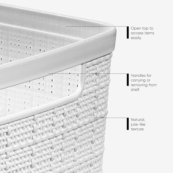Curver Jute Decorative Plastic Organization and Storage Basket Perfect Bins for Home Office, Closet Shelves, Kitchen Pantry and All Bedroom Essentials, Slim, White, Set of 8