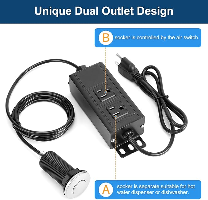 Dual Outlet Garbage Disposal Air Switch Kit, UL Listed Sink Top Air Switch for Food Waste Disposal, 3.58” Extra Long Air Button, Brushed Stainless Steel