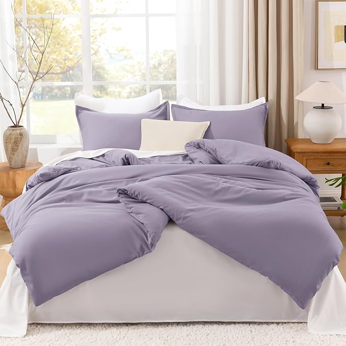 Litanika Grayish Lavender Purple Comforter Set Full Size, 3 Pieces Lightweight Solid Bedding Comforter Set, All Season Fluffy Bed Set (79x90In Comforter & 2 Pillowcases)