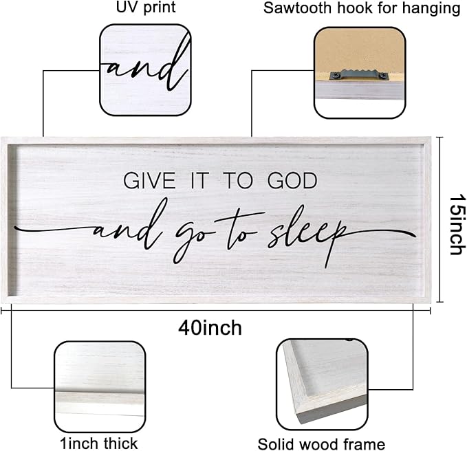 Give It to God and Go to Sleep Decorative Rustic Sign & Plaque Framed Wall Art for Couples, 40''×15'' Vintage Farmhouse Wooden Horizontal Wall Decor Above Bed, Cottagecore Wedding Gift for Bedroom