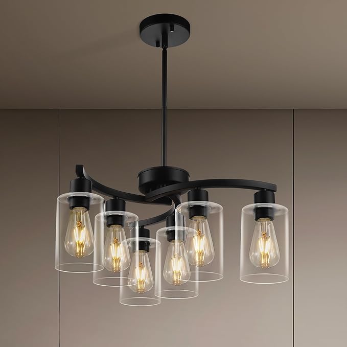 6 Light Modern Farmhouse Chandelier，Black Dining Room Light Fixture，Kitchen Pendant Lights Over Island with Glass Shade