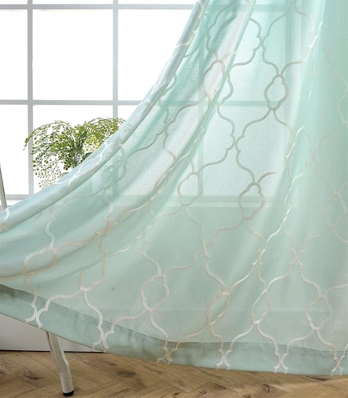 MIUCO Moroccan Embroidered Semi Sheer Curtains Faux Linen Grommet Window Panel Pair for Kitchen 52 x 63 Inch, Subtle Green