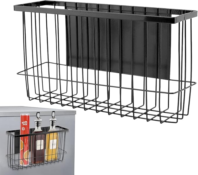 Magnetic Storage Basket Organizer for Fridge & Kitchen, 11lb Capacity Essentials Holder, No Tools Needed, Adjustable & Removable Spice Rack for Plastic Wrap, Foil, & More