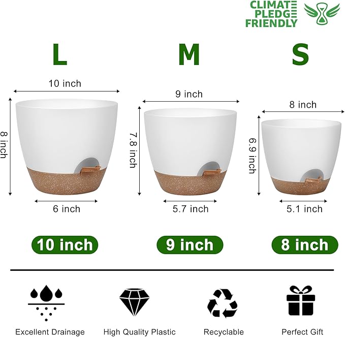 Plant Pots 10/9/8 Inch Self Watering Pots, Set of 3 Plastic Planters with Drainage Holes and Saucers,Plastic Flower Pots,Nursery Planting Pot for Indoor Out Door Plants（White）