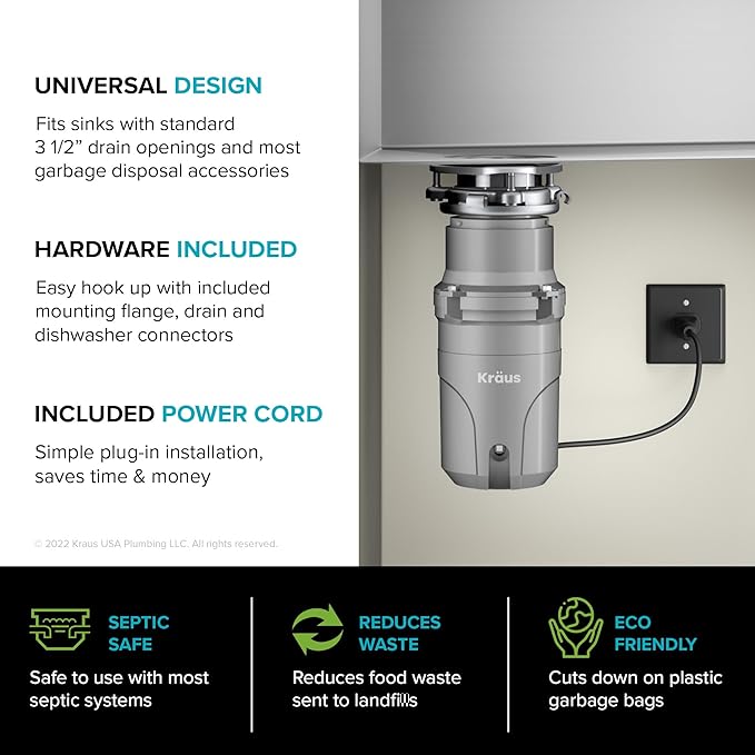 KRAUS® WasteGuard™ High-Speed 1/2 HP Continuous Feed Ultra-Quiet Motor Garbage Disposal with Power Cord and Flange Included and Universal Mount
