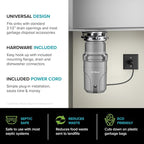 KRAUS® WasteGuard™ High-Speed 1/2 HP Continuous Feed Ultra-Quiet Motor Garbage Disposal with Power Cord and Flange Included and Universal Mount