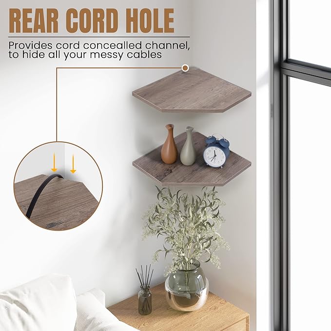 Corner Shelf Wall Mount, Floating Corner Shelves, Set of 2 Corner Wall Shelf Organizer, Rustic Wood Wall Storage Display Shelves for Living Room Bedroom Bathroom Kitchen, Rustic Grey