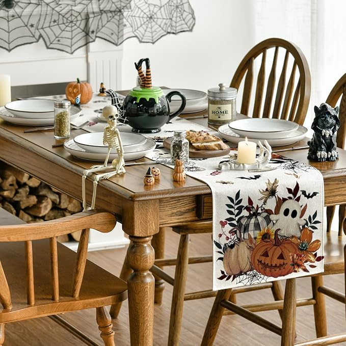 Artoid Mode Pumpkin Ghost Leaves Spider Web 210 GSM Halloween Table Runner, Spooky Kitchen Dining Table Decoration for Home Party Decor 13x72 Inch