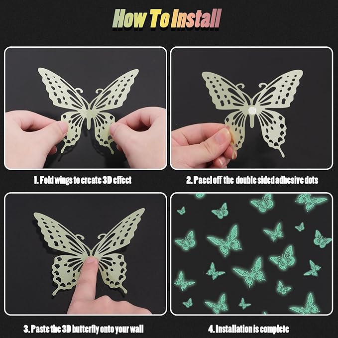 SAOROPEB Glow in The Dark 3D Butterfly 24 Pcs 3 Sizes, Luminous Butterfly Stickers for Ceiling or Wall, Glow in The Dark Party Supplies, Removable Luminous Stickers for Kids Babys Nursery (Green)
