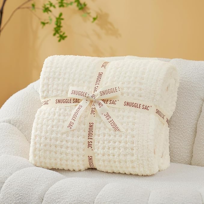 Snuggle Sac Ultra Soft Waffle Throw Blanket for Couch Bed Sofa 50x60 inches, Reversible Cream Blanket Microfiber Fluffy Fuzzy Cozy Knit Throws for Women Mothers Birthday Gifts