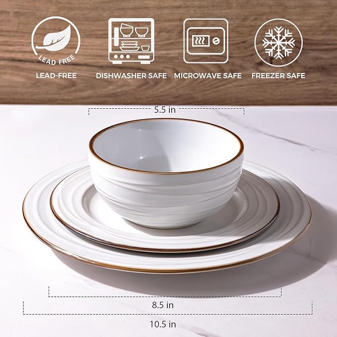 GBHOME Ceramic Dinnerware Sets,18 pcs Embossed Elegant Stoneware Plates and Bowls Sets, Housewarming Wedding Gift | Dishwasher & Microwave Safe | Dishes Set Service for 6