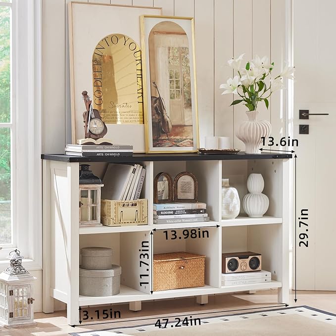 Farmhouse 6 Cube Bookshelf, Antique White & Black Wooden Storage Organizer Book Shelf, 47" Cubby Hallway Bookcase, Kids Toy Storage Cabinet, Modern Open Book Case for Living Room, Playroom