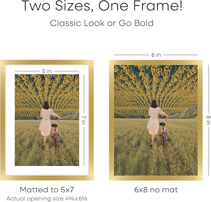 Homeforia 6x8 Picture Frame Gold, High End Metal 6 x 8 Frames with Mat 5 by 7 for Print, Photo Frame 6x8 Gold Matted to 5x7 inches Art, 6by8 Wall or Tabletop Frames, Tempered Glass, Wall Kit, Set of 1