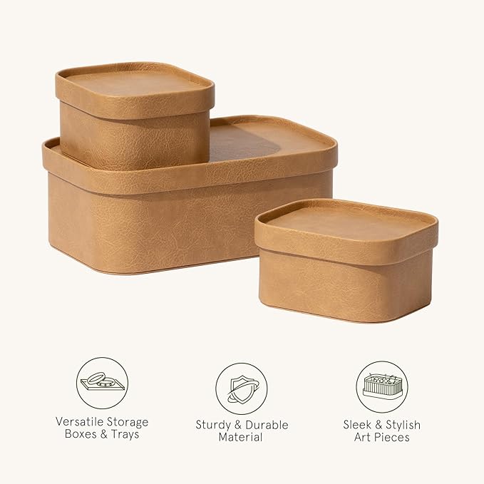 La Jolie Maison Vegan Leather Storage Boxes with Lids, Set of 3 Decorative Storage Containers Organize Stackable Storage Box, Camel