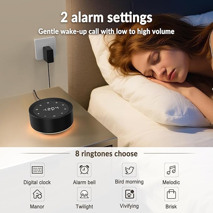 White Noise Sound Machine Alarm Clock 7 Colors Night Light Sound Machine for Adult/Baby 20 Soothing Sounds 31 Level Volume 6 Level Screen Brightness 5 Timer Set Memory Function Touch Control