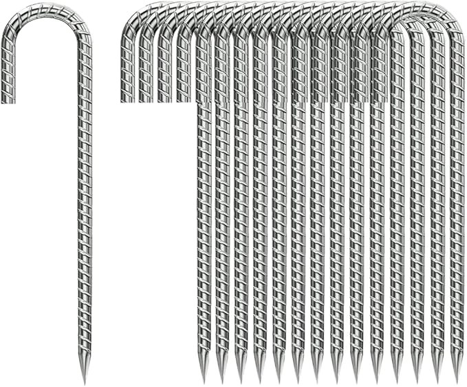J-Hook-Rebar-Stakes-12 Inch, Ground Stakes Heavy Duty Rebar Stakes for Camping 50pcs Rebar Stakes Rust Proof Coated Metal for Flower Gardens Dog Fence Camping Tents Chicken Coop