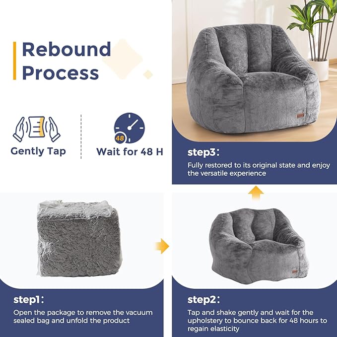 MAXYOYO Bean Bag Chair, Comfy Bean Bag Sofa with Back Support, Faux Fur Bean Bag Chair for Adults and Kids, Stuffed Floor Sofa for Living Room, Bedroom, Apartment, Grey