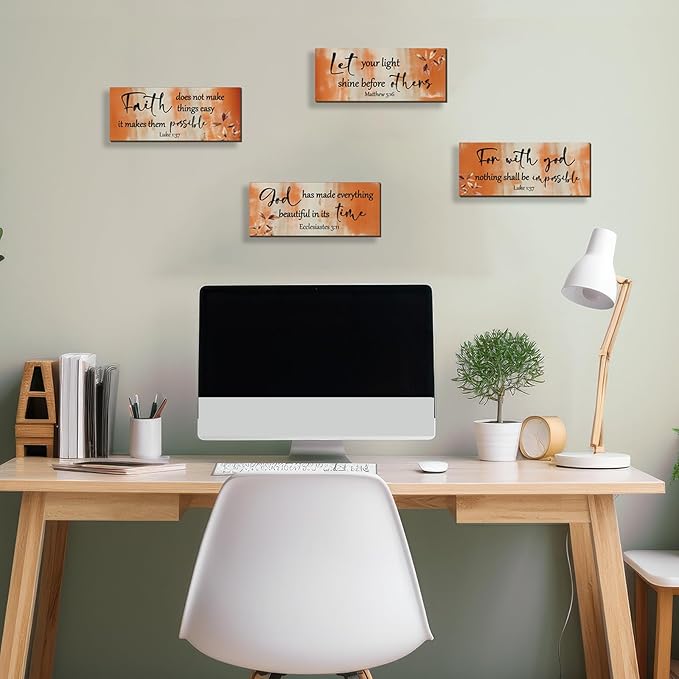FENCORDAR 4 Pieces Orange Bathroom Decor Bible Verses Decor Wooden Orange Wall Decor Abstract Office Christian Wall Decor Religious Art for Women Office Home Bedroom Living Room Decor(10x4)