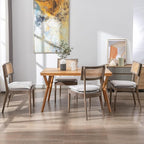Rattan Dining Chairs Set Of 4 , Mid Century Modern Upholstered Cane Back Chairs with Removable Linen Cushion , Retro Farmhouse Natural Wooden Kitchen & Dining Room Chairs for Restaurant Living Room