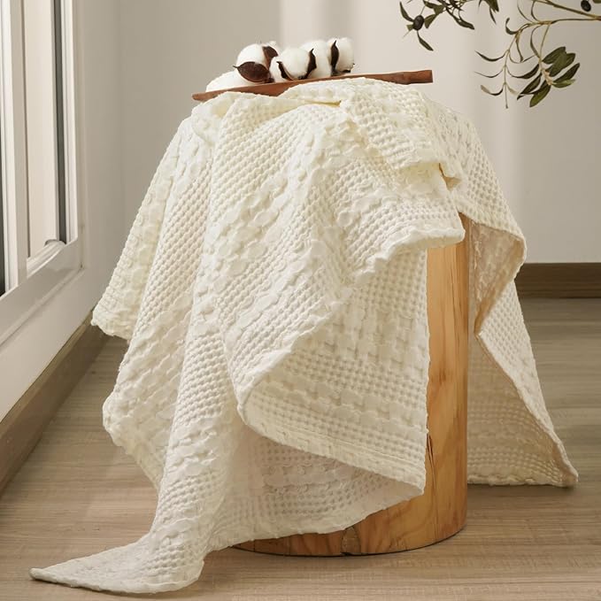 PHF 100% Cotton Waffle Weave Throw Blanket, Soft Lightweight Breathable Cozy Summer Throws for Couch Bed Sofa, Luxury Aesthetic Woven Blanket for Home Decor & Office, 50"x60", Cannoli Cream