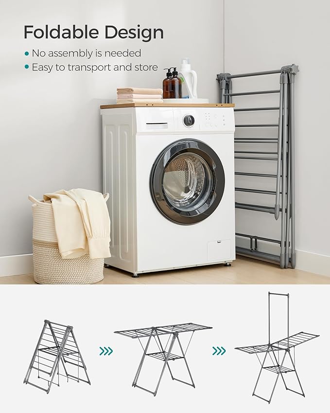 SONGMICS Clothes Drying Rack, Foldable 2-Level Laundry Drying Rack, Free-Standing Airer, 1 Additional Tall Hanging Bar, 2 Height-Adjustable Wings, 24 Drying Rails, Space Savng, Gray ULLR521G01