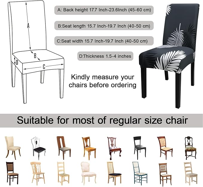JQinHome Pattern Chair Covers for Dining Room Set of 4, High Stretch Removable Washable Parsons Chair Slipcover for Home Party Hotel Wedding Ceremony (Plume Black,4PCS)