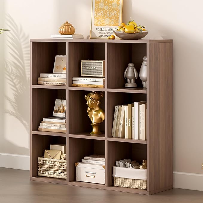 9-Cube Storage Shelf Bookcase - Wooden 3-Tier Floor Standing Open Bookshelf for Home and Office, Cuby Orgainzer, Walnut