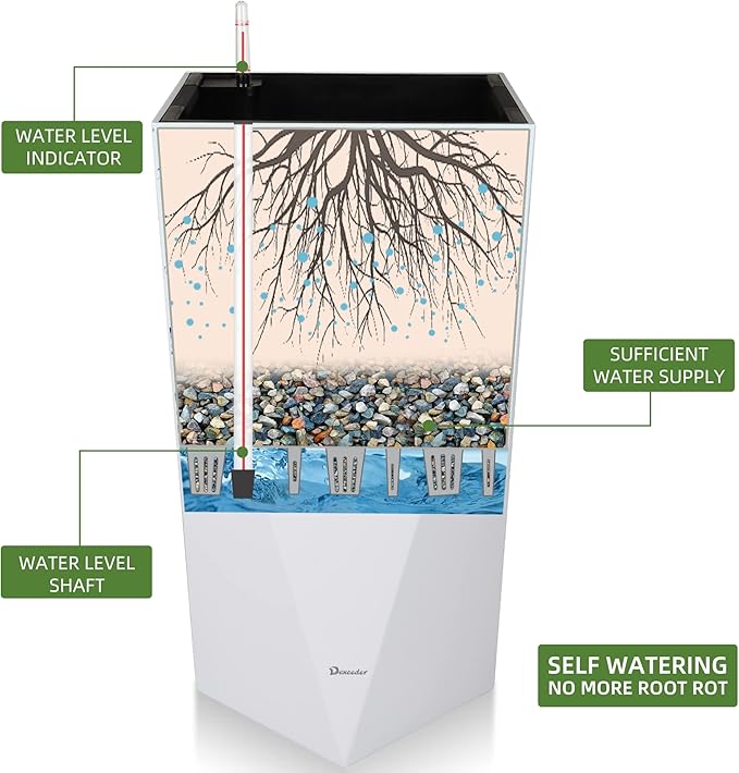 Dexceder 20 Inches Tall Self Watering Planter Diamond High Gloss Indoor Outdoor, Thickened Rhombus Large Floor Standing Flower Plant Pot with Water Level Indicator (White)