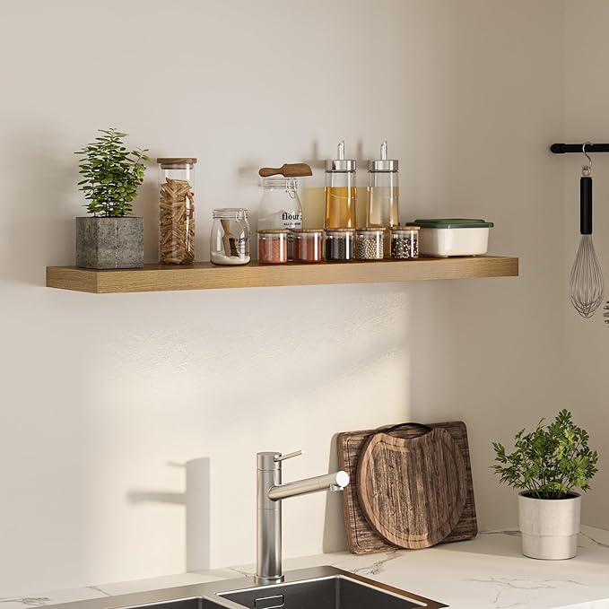 Floating Shelves for Wall, 48" W x 9.3" D x 1.5" H, Wooden Wall Mounted Display Shelves with Invisible Brackets for Living Room, Bedroom, Bathroom, Kitchen Decor and Storage, Set of 1, Oak