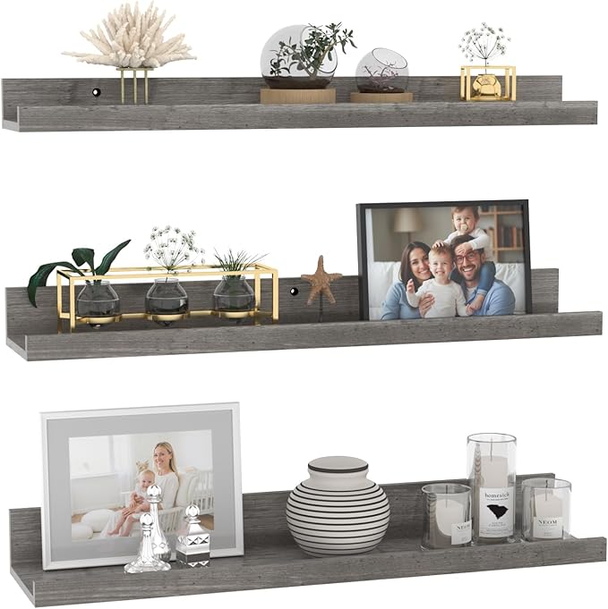 Giftgarden 24 Inch Grey Floating Shelves for Wall Mount, Gray Wood Wall Shelf Ledge for Bathroom Bedroom Living Room Kitchen Storage, Set of 3 Different Sizes