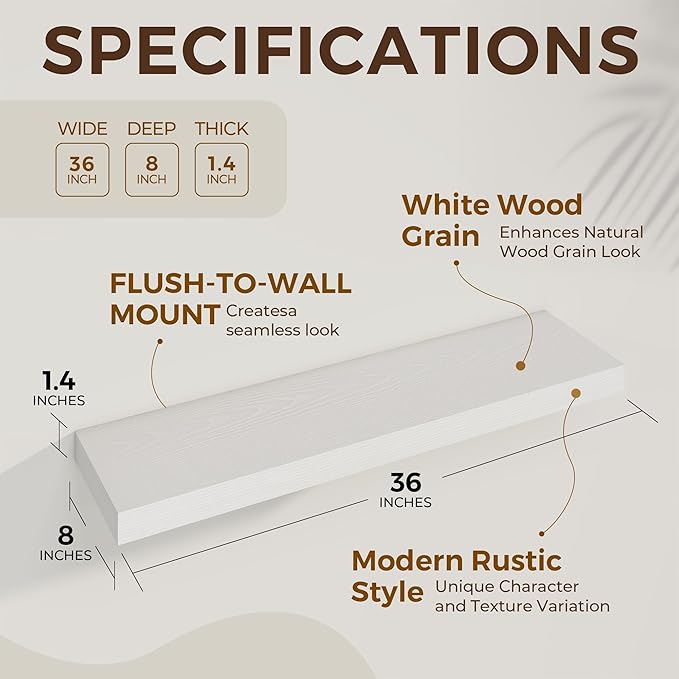 36 inch Floating Shelves Wall Shelves for Office with Invisible Brackets, 8 inch Deep Shelves for Bathroom, Living Room, Kitchen, Office, 36x7.9 inch deep Set of 2, White