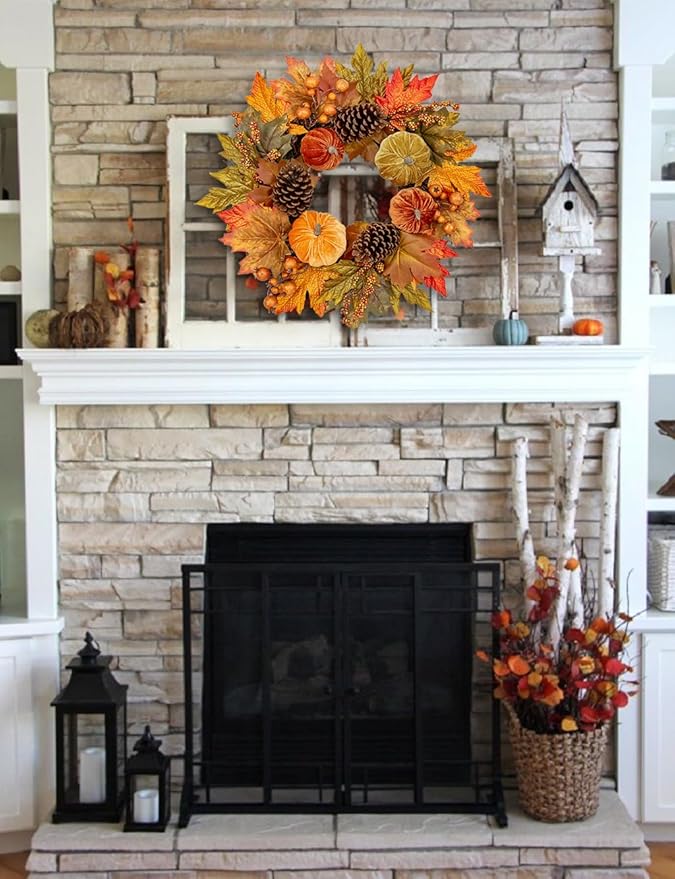 Fall Wreaths for Front Door 16'' Autumn Velvet Pumpkin Wreath with Metal Hook Harvest Maple Wreath Fall Decoration for Home Halloween Thanksgiving Decoration, Briful