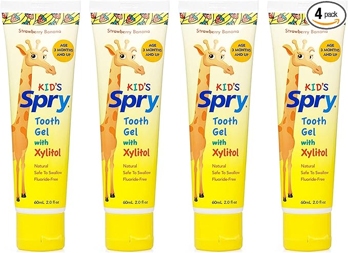 Spry Natural Xylitol Toothpaste for Baby, Toddler and Kids Age 3 Months and Up - Fluoride Free Tooth Gel, Tasty, Support Development of Emerging Teeth, Strawberry Banana 2 Fl Oz (Pack of 4)