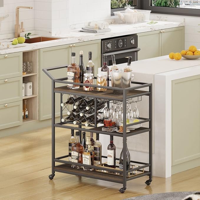FATORRI Bar Cart for The Home with Wine Rack and Glasses Holder, Small Home Bar Serving Cart on Wheels for Liquor and Alcohol (Walnut Brown)
