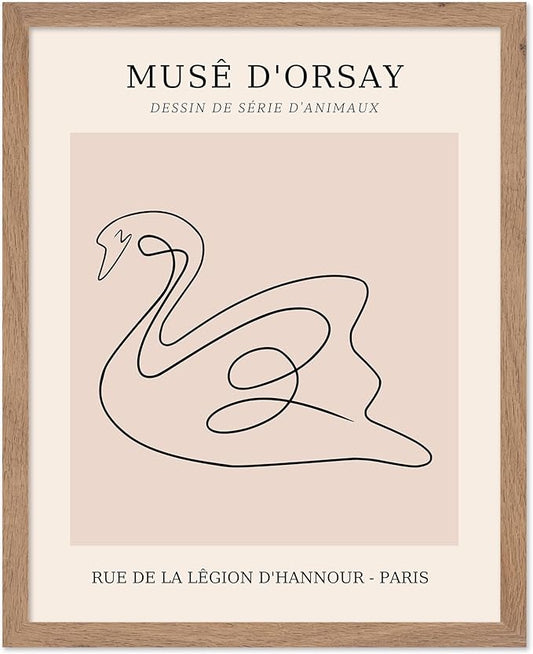 Poster Master Vintage Poster - Retro One Line Swan Drawing Print - Swan Art - Bird Art - Minimal Gift for Her, Animal Lover - Abstract Decor for Home, Office, Bedroom, 16x20 Beige Framed