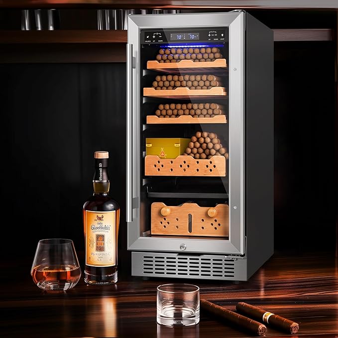 Electric Cigar Humidor, 15 Inch Upgraded Large Capacity Humidor Cabinet with Powerful Compressor, Digital LED Screen, Safety Lock, Smart Humidity & Temp Control, Gifts for Men