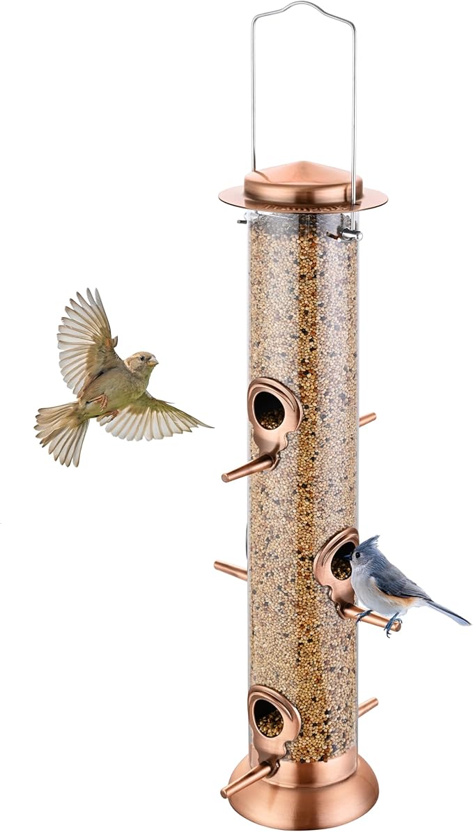 Metal Tube Bird Feeders for Outdoors Hanging,Finch Feeders for Outside,All Metal Brushed Copper Finishing,14 Inch 6 Port (Seed is not Included)