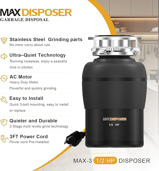 Garbage Disposal 1/2 HP Easy install Quiet with Stopper Power Cord, Kitchen sink Food Waste Disposer Continuous Feed, Stainless Steel Grind Half Horsepower AC Motor Unit (MAX-3)