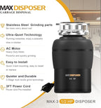 Garbage Disposal 1/2 HP Easy install Quiet with Stopper Power Cord, Kitchen sink Food Waste Disposer Continuous Feed, Stainless Steel Grind Half Horsepower AC Motor Unit (MAX-3)