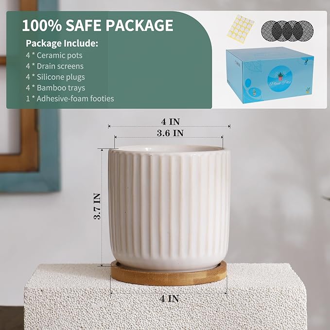 TAMAYKIM 4 Inch Ceramic Plant Pots with Drainage Holes, Modern Flower Planter with Saucer for Indoor Plants, Succulent, Cactus & Herbs, White, Set of 4 (Plants Not Included)