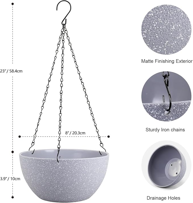 8 inch Small Hanging Planters for Indoor Outdoor Plants, 2 Pack Hanging Flower Pots with Drainage Holes and Chain for Garden Porch, Plastic Hanging Baskets for House Plants, Speckled Grey